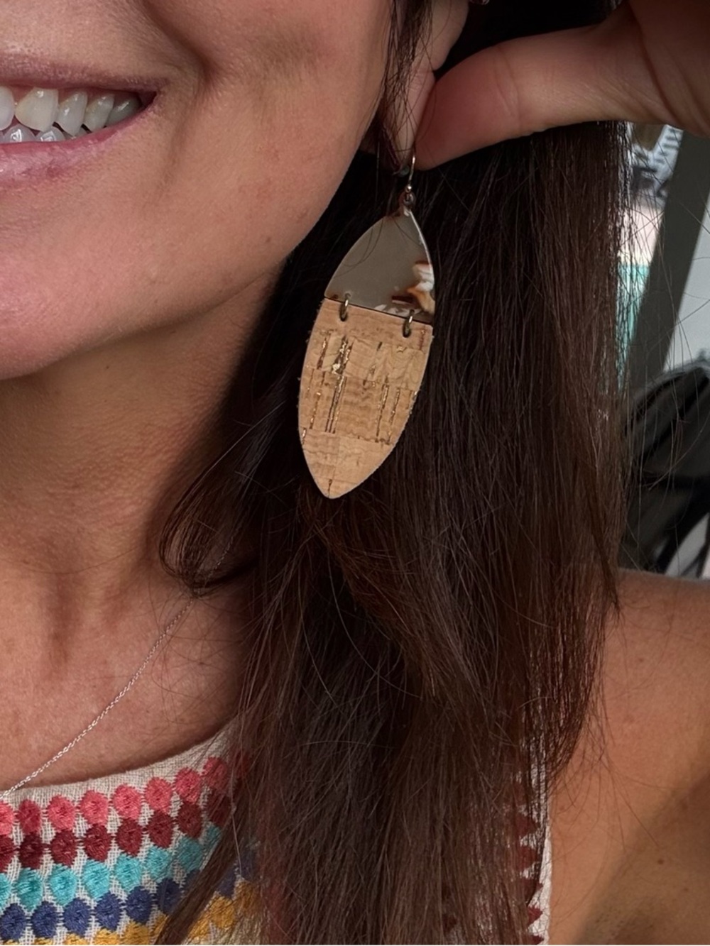 Artisan Tortoiseshell and Cork Drop Earrings - Neutral Tones